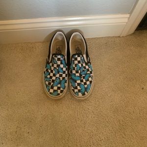 Vans slip on shoes, checkered with blue butterflies